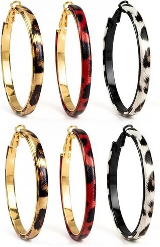 3 Pairs Leopard Print Hoop Earrings for Women Vintage Large Animal Cheetah Print Earring Chunky Big Statement Dangle Hoops Boho Jewelry Accessories Gifts in Saudi Arabia