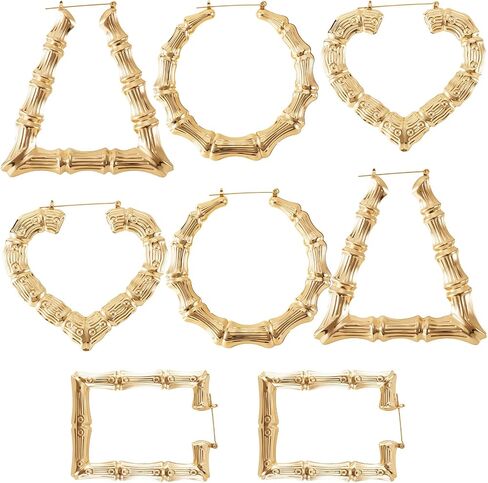 4 Pairs Bamboo Earrings Gold, Bamboo Hoop Earrings for Women, Stainless Steel 80s 90s Outfits Accessories for Hip Hop Style Jewelry Party - 4 Styles in Saudi Arabia