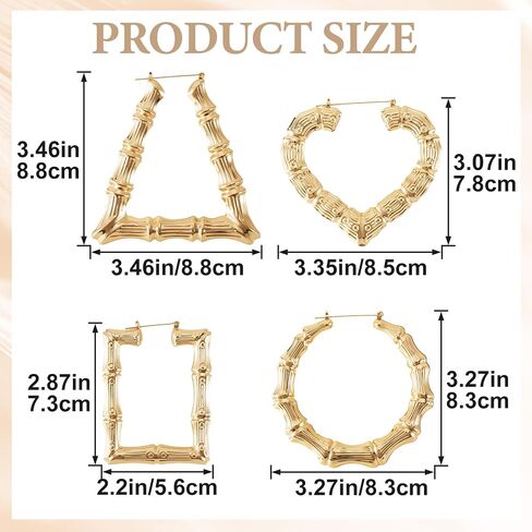 4 Pairs Bamboo Earrings Gold, Bamboo Hoop Earrings for Women, Stainless Steel 80s 90s Outfits Accessories for Hip Hop Style Jewelry Party - 4 Styles in Saudi Arabia