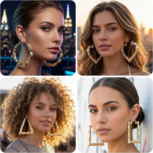 4 Pairs Bamboo Earrings Gold, Bamboo Hoop Earrings for Women, Stainless Steel 80s 90s Outfits Accessories for Hip Hop Style Jewelry Party - 4 Styles in Saudi Arabia