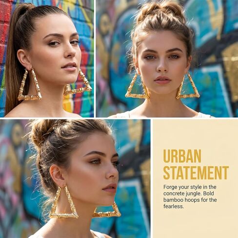 4 Pairs Bamboo Earrings Gold, Bamboo Hoop Earrings for Women, Stainless Steel 80s 90s Outfits Accessories for Hip Hop Style Jewelry Party - 4 Styles in Saudi Arabia