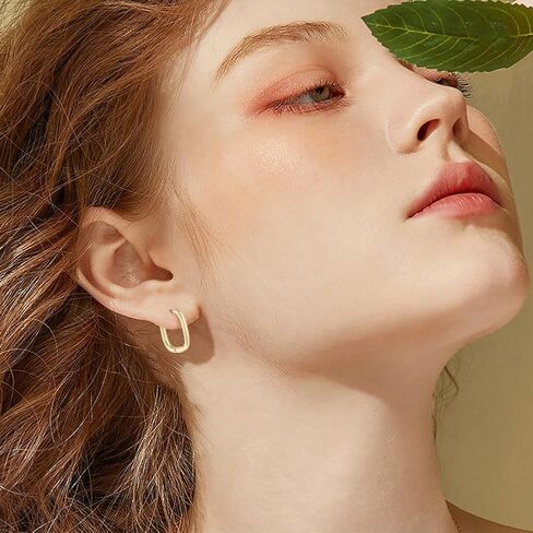 Beebeecraft 1 صندوق 10 أزواج مستطيلة من القرط للنساء 18 قيراط نحاس مطلي بالذهب على شكل حرف U عصري هندسي بيضاوي حلق هاجي للنساء هدية عيد الأم وعيد الحب، 12 × 16 مم in Kuwait