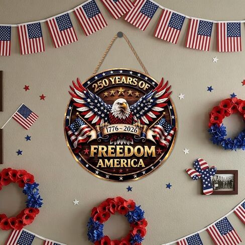 250th Anniversary USA Merchandise 4th of July Door Sign American Eagle Door Wreath Patriotic Independence Day Door Hanger for Front Door Wooden Wall Decor Hanging Sign for Home Porch Outdoor (250th Anniversary) in Saudi Arabia