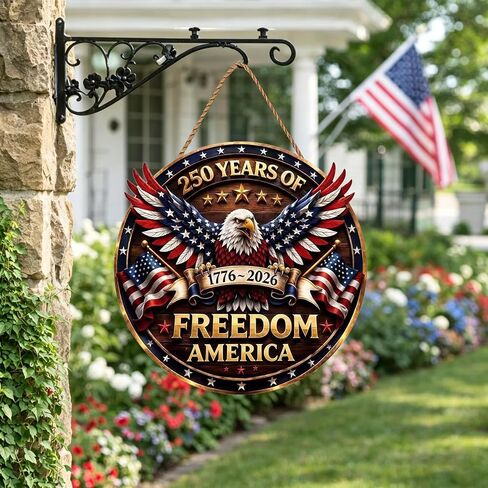 250th Anniversary USA Merchandise 4th of July Door Sign American Eagle Door Wreath Patriotic Independence Day Door Hanger for Front Door Wooden Wall Decor Hanging Sign for Home Porch Outdoor (250th Anniversary) in Saudi Arabia