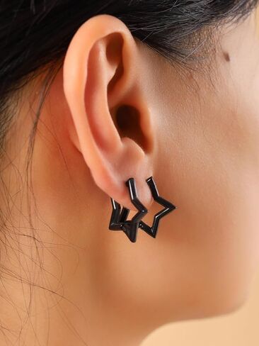 Sacina 3 Pairs of Silver-tone Black Gold-tone Star Huggie Hoop Earrings, Gothic Emo Punk Grunge Y2K Earrings, Christmas Jewelry Gift For Women in Kuwait