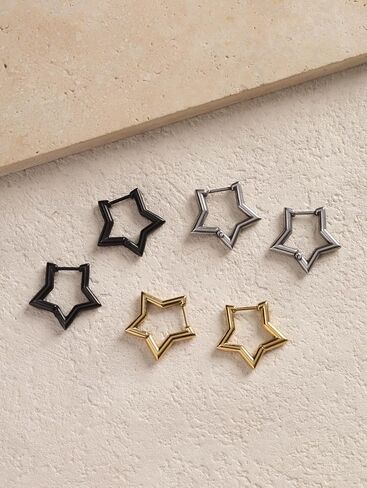 Sacina 3 Pairs of Silver-tone Black Gold-tone Star Huggie Hoop Earrings, Gothic Emo Punk Grunge Y2K Earrings, Christmas Jewelry Gift For Women in Kuwait
