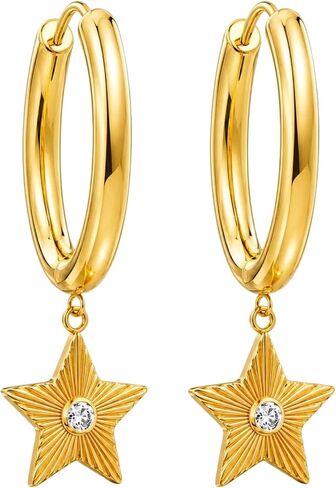 14K Gold/Silver Star Drop Hoop Earrings for Women - Zirconia Textured Star Dangle Huggie Hoops Hypoallergenic Stainless Steel Small Dainty Jewelry Gifts for Everyday Birthday Anniversary in Saudi Arabia