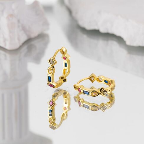 Dainty Gold Plated Hoop Earrings for Women, Trendy Small Colorful Geometry Cubic Zirconia Plated Huggie Hoop Earrings for Women Jewelry Gifts in Kuwait