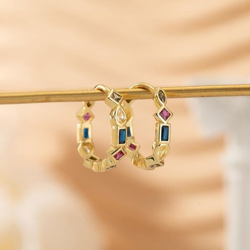 Dainty Gold Plated Hoop Earrings for Women, Trendy Small Colorful Geometry Cubic Zirconia Plated Huggie Hoop Earrings for Women Jewelry Gifts in Kuwait