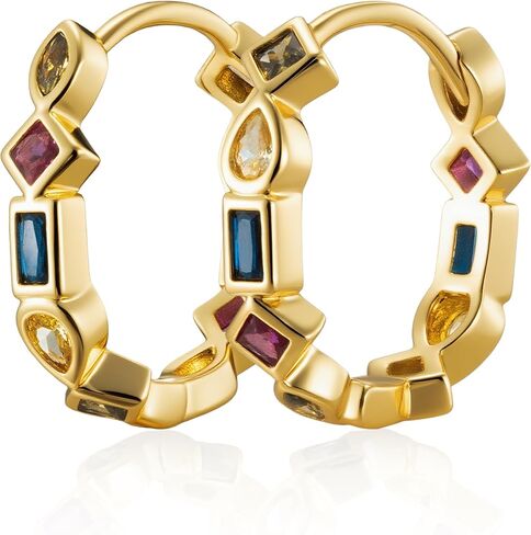 Dainty Gold Plated Hoop Earrings for Women, Trendy Small Colorful Geometry Cubic Zirconia Plated Huggie Hoop Earrings for Women Jewelry Gifts in Kuwait