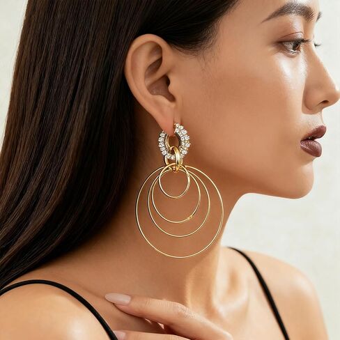 Multi Hoop Dangle Earrings for Women Trendy Large Gold Hoop Earrings Big Circle Earrings Rhinestone Geometric Statement Earring Jewelry in Saudi Arabia
