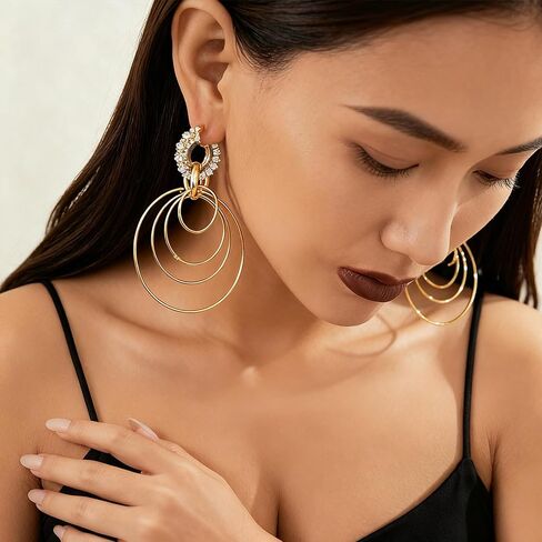 Multi Hoop Dangle Earrings for Women Trendy Large Gold Hoop Earrings Big Circle Earrings Rhinestone Geometric Statement Earring Jewelry in Saudi Arabia
