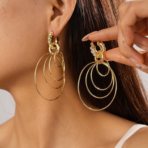 Multi Hoop Dangle Earrings for Women Trendy Large Gold Hoop Earrings Big Circle Earrings Rhinestone Geometric Statement Earring Jewelry in Saudi Arabia