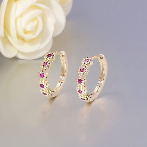 CiNily Small Gold Hoop Earrings for Women Flower Rose Red Cubic Zirconia Huggie Earrings Hypoallergenic 14K Yellow Gold Plated Cartilage Earrings for Sensitive Ears in Kuwait