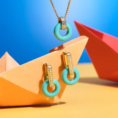 Jason Hyde Lifesaver Hoop Earrings - Stainless Steel with Turquoise Chips & Cubic Zirconia - Sustainable Drop Hoops for Women, 18K Gold Plated in Saudi Arabia
