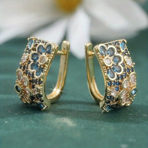 Luxury Two Tone Zirconia Flower Hoop Earrings for Women Daily Banquet Party Earrings Jewelry Gifts in Kuwait