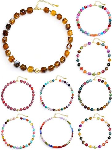BROCC 9pcs Chunky Beaded Necklaces for Women Colorful Resin Beaded Choker Necklace Set Layered Bohemia Summer Vacation Jewelry for Beach Party Daily Wear for Trendy Women in Saudi Arabia