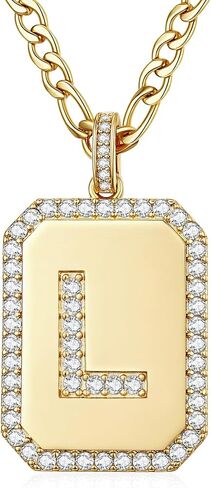 14K Gold Initial Necklace, Square Letter Pendant with Figaro Chain, Personalized Minimalist Jewelry Gifts in Saudi Arabia