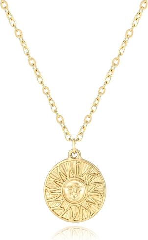 14K Gold Plated Sun Medallion Necklace for Women Embossed Sun Pattern Round Pendant Necklace Dainty Chain Minimalist Jewelry Inspirational Gift for Her in Saudi Arabia