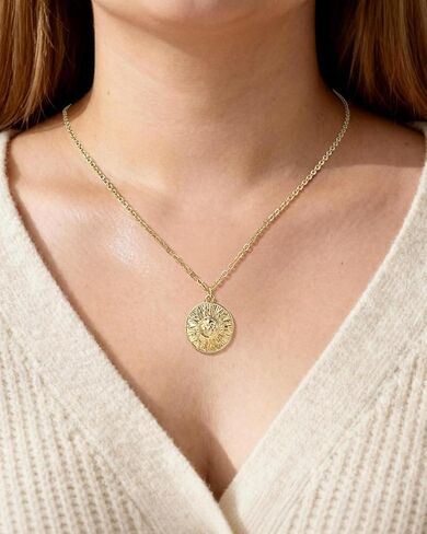 14K Gold Plated Sun Medallion Necklace for Women Embossed Sun Pattern Round Pendant Necklace Dainty Chain Minimalist Jewelry Inspirational Gift for Her in Saudi Arabia