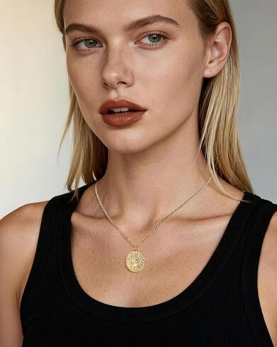 14K Gold Plated Sun Medallion Necklace for Women Embossed Sun Pattern Round Pendant Necklace Dainty Chain Minimalist Jewelry Inspirational Gift for Her in Saudi Arabia