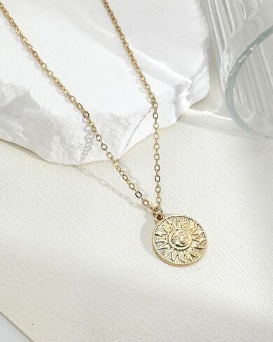 14K Gold Plated Sun Medallion Necklace for Women Embossed Sun Pattern Round Pendant Necklace Dainty Chain Minimalist Jewelry Inspirational Gift for Her in Saudi Arabia