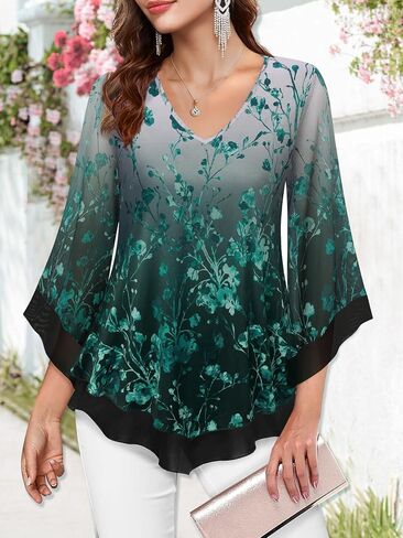 Womens Dressy Blouse V Neck Double Layers Elastic Mesh Casual Flowy Work Shirts Ruffle 3/4 Flared Sleeve Tunic Tops S-XXL in Kuwait