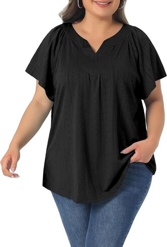 Agnes Orinda Plus Size Top for Women Notch V Neck Short Sleeve Eyelet Embroidery t Shirts Casual Hollow Out Blouse in Kuwait