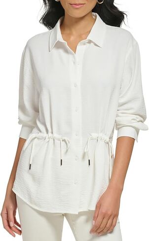 Calvin Klein Womens Gathered Detail Collared Button-Down Top White L in Kuwait