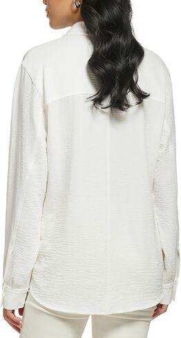 Calvin Klein Womens Gathered Detail Collared Button-Down Top White L in Kuwait