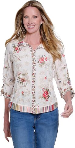 John Mark Women's Clothing | Woven Embroidered Three Quarters Cinch Tiel Sleeve Button Front Blouse with Mix Trim in Saudi Arabia