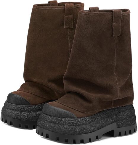 Yishaweiqi Suede Slouched Ruched Fold Over Boots for Women Wide Calf Platform Chunky Heel Mid Calf Short Shark Boots in Saudi Arabia