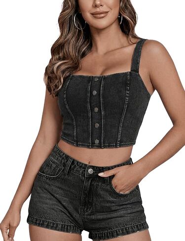 Women Denim Cami Vest Removable Bra Pads Slim Stretch Jean Tank Pull On Square Neck Faux Button Placket Crop Tops in Saudi Arabia