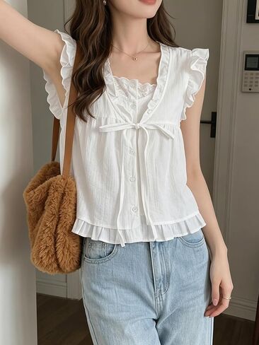 Women's Frill Trim Front Tie Loose Sleeveless Blouse Summer in Kuwait