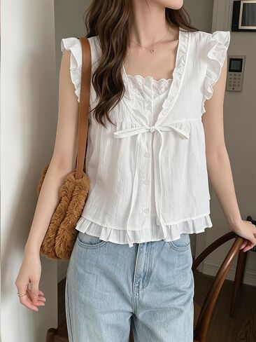 Women's Frill Trim Front Tie Loose Sleeveless Blouse Summer in Kuwait
