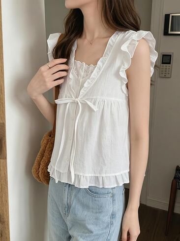 Women's Frill Trim Front Tie Loose Sleeveless Blouse Summer in Kuwait