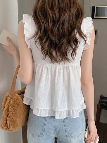 Women's Frill Trim Front Tie Loose Sleeveless Blouse Summer in Kuwait