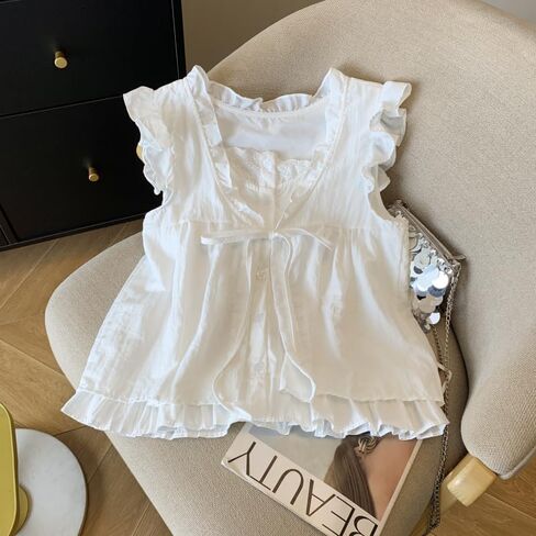 Women's Frill Trim Front Tie Loose Sleeveless Blouse Summer in Kuwait