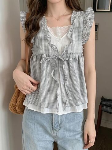 Women's Frill Trim Front Tie Loose Sleeveless Blouse Summer in Kuwait