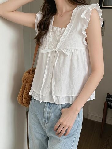 Women's Frill Trim Front Tie Loose Sleeveless Blouse Summer in Kuwait