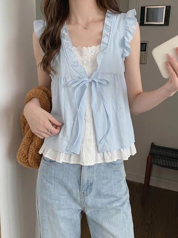 Women's Frill Trim Front Tie Loose Sleeveless Blouse Summer in Kuwait