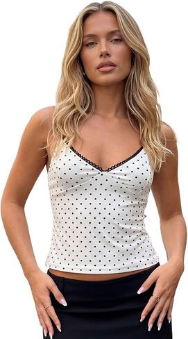 Women Polka Dots V Neck Camisole Tops Sexy Spaghetti Strap Fitted Basic Tops Y2K Tank Top Cami in Saudi Arabia