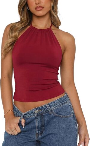 Women's Tie Halter Tops Sexy Backless Double Lined Going Out Crop Tank Tops in Saudi Arabia