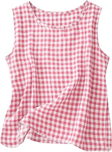 Womens Gingham Crop Tank Tops 2026 Summer Casual Sleeveless Round Neck Vest Fashion Plaid Linen Pettie Tops in Saudi Arabia
