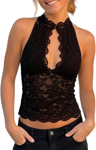 Women Sheer Floral Lace Tank Top Slim Fit Keyhole Blouses Cutout Going Out Tops in Saudi Arabia