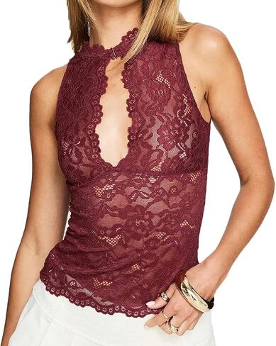 Women Sheer Floral Lace Tank Top Slim Fit Keyhole Blouses Cutout Going Out Tops in Saudi Arabia