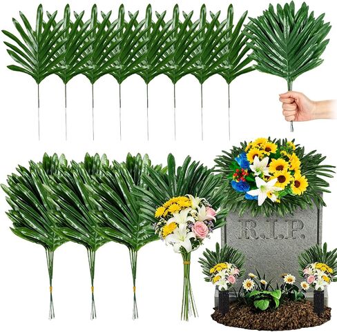24 PCS Artificial Fern Stems - Silk Green Fern Cemetery Flower Leaf,Faux Cemetery Palm Leaves with Stems,Fake Palm Fronds Greenery Stems Fern Leaves for Cemetery Saddles Headstone DIY Floral Decor in Saudi Arabia