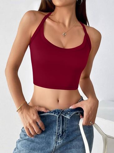 Halter Sports Bra Longline Open Back Workout Top Ribbed Crop Tank Tops with Built in Bra Gym Yoga Push Up in Kuwait