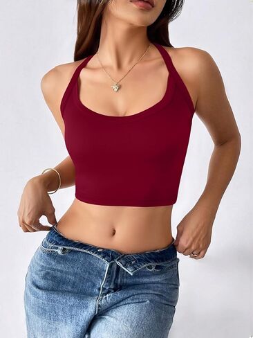 Halter Sports Bra Longline Open Back Workout Top Ribbed Crop Tank Tops with Built in Bra Gym Yoga Push Up in Kuwait