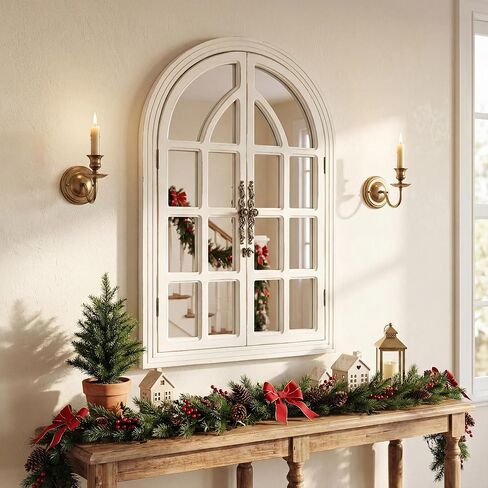 Rustic Farmhouse Arched Wall Mirror 24 Lx 36, Wooden Window Pane Decorative Mirror for Wall, Vintage Arch Mirror for Living Room, Bedroom, Entryway, Bathroom Decor, Large Rustic White Window Mirror in Saudi Arabia